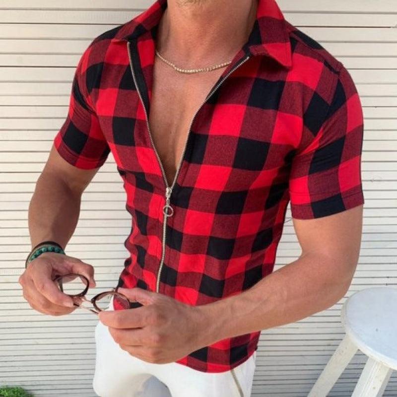 Plaid T Shirt Mens Zipper Short Sleeve Shirts Summer Men Clothing - Amazitshop
