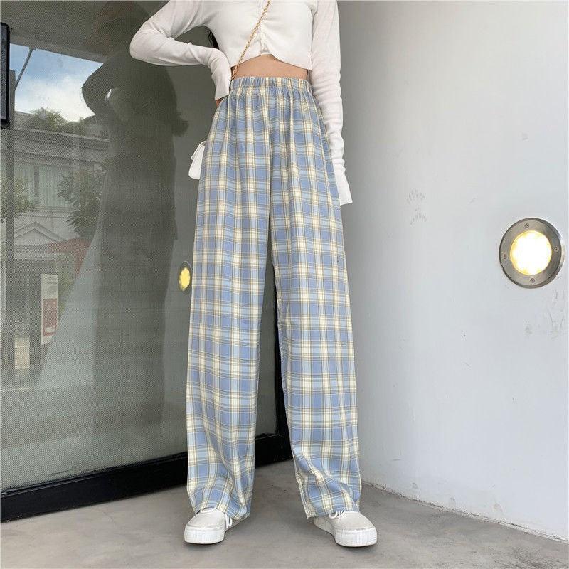 Plaid Wide Leg Pants Women Casual Pants - Amazitshop