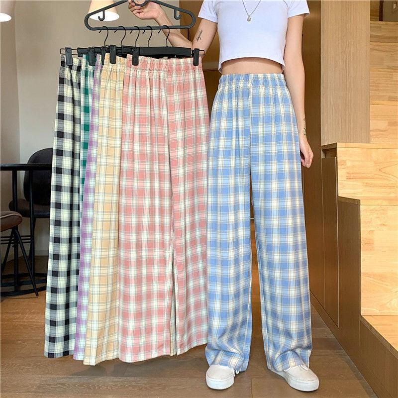 Plaid Wide Leg Pants Women Casual Pants - Amazitshop