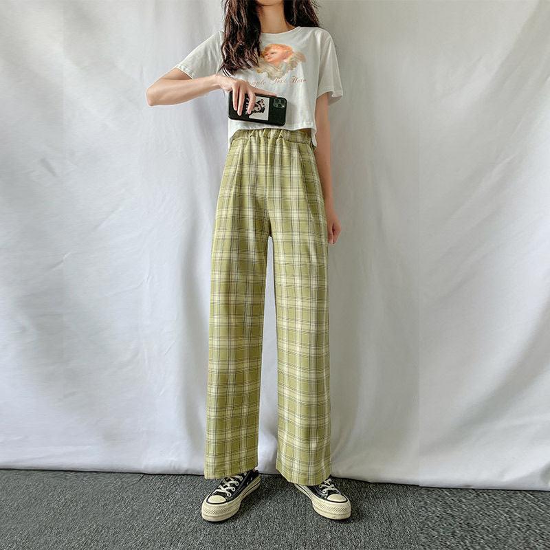Plaid Wide Leg Pants Women Casual Pants - Amazitshop