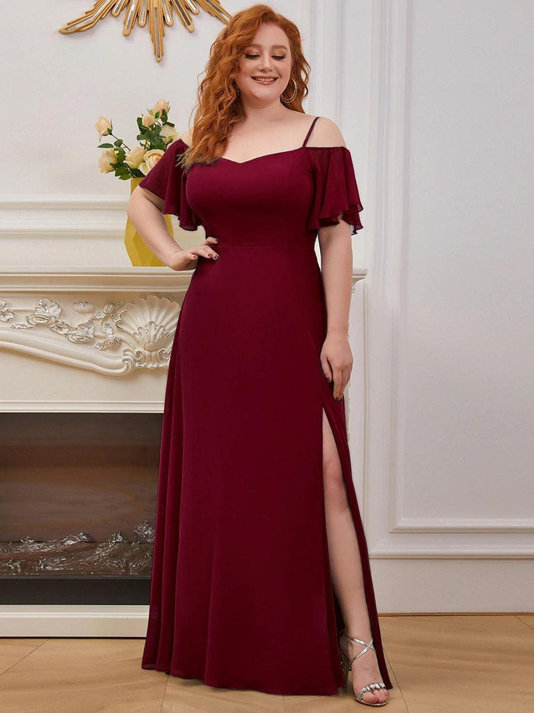 Plus Size Cold Shoulder Bridesmaid Dress with Side Slit - Amazitshop