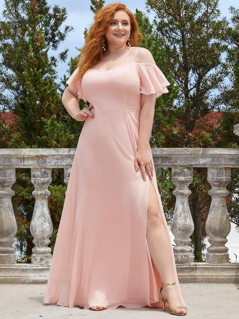 Plus Size Cold Shoulder Bridesmaid Dress with Side Slit - Amazitshop