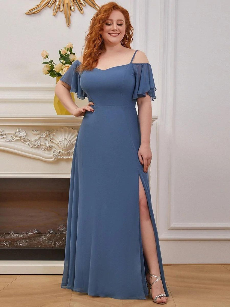 Plus Size Cold Shoulder Bridesmaid Dress with Side Slit - Amazitshop