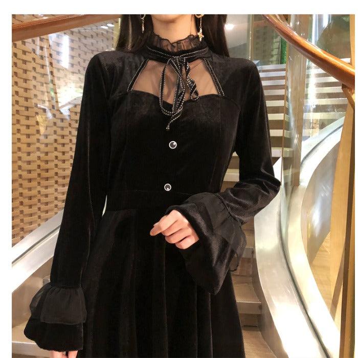 Plus Size Gold Velvet Flared Sleeve Western Style Dress - Amazitshop