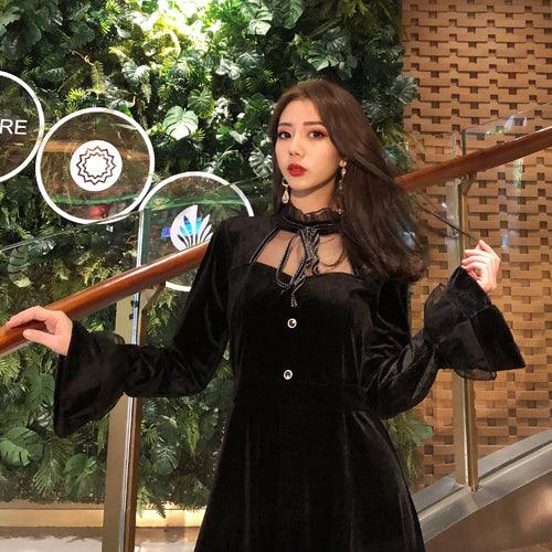 Plus Size Gold Velvet Flared Sleeve Western Style Dress - Amazitshop