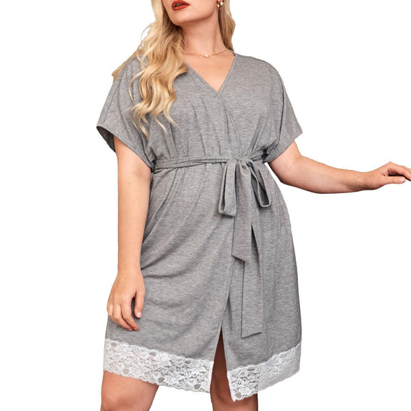 Plus Size Ladies' Homewear Pajamas Lace Loose Cotton Short Sleeve Bathrobe Home Leisure Nightgown - Amazitshop
