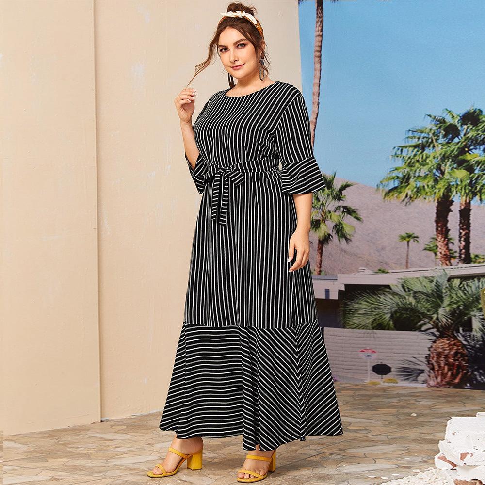 Plus size round neck striped dress - Amazitshop