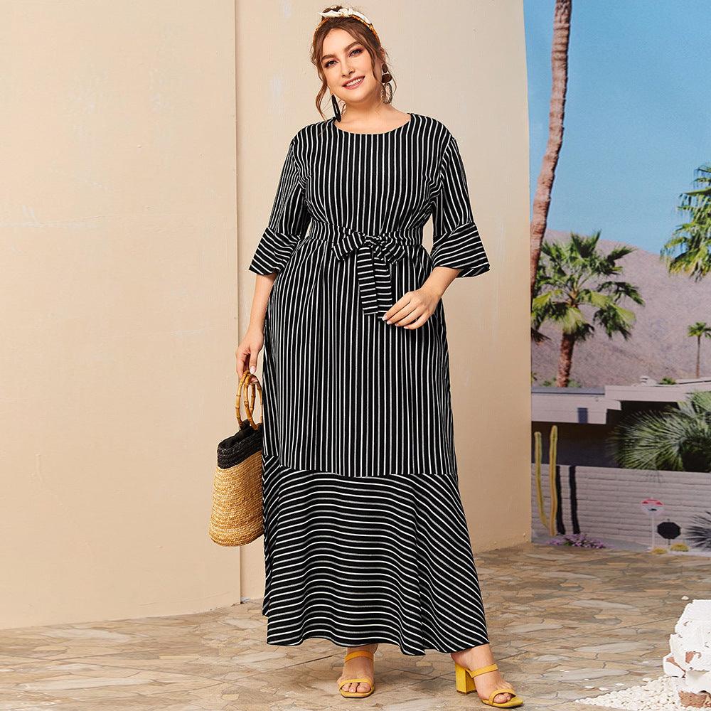 Plus size round neck striped dress - Amazitshop