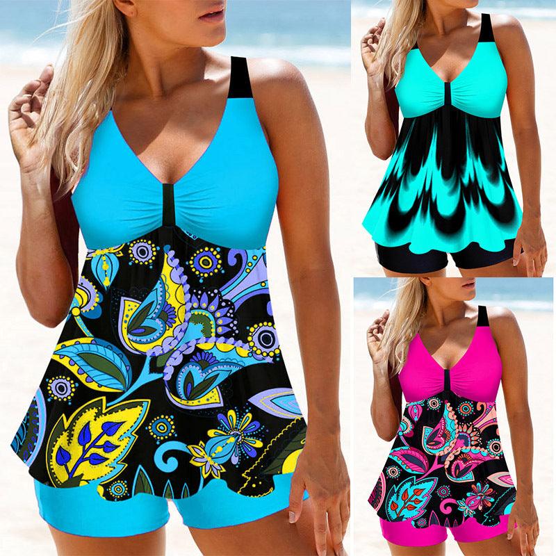Plus Size Split Swimsuit Skirt Printed Swimwear - Amazitshop