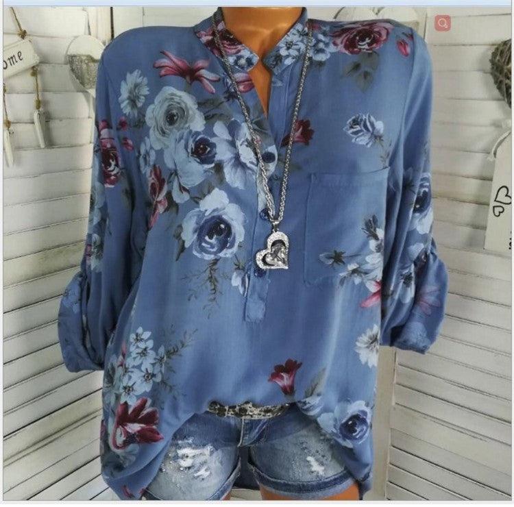 Plus Size Summer Tops Women Blouses Long Sleeve Print Stand Collar Button Blouse Pullover Women Clothing Shirt - Amazitshop