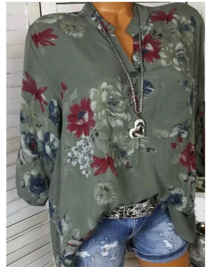 Plus Size Summer Tops Women Blouses Long Sleeve Print Stand Collar Button Blouse Pullover Women Clothing Shirt - Amazitshop