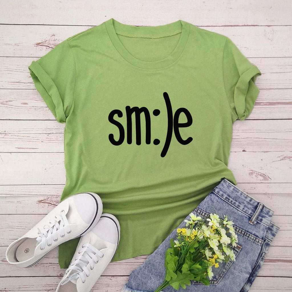 Plus Size TShirt Women New Smile Letter Printed Shirt O Neck Short Sleeve Tees Summer Top 100%cotton Women's T-shirts - Amazitshop