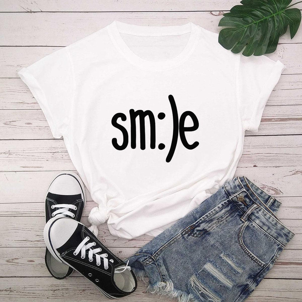 Plus Size TShirt Women New Smile Letter Printed Shirt O Neck Short Sleeve Tees Summer Top 100%cotton Women's T-shirts - Amazitshop
