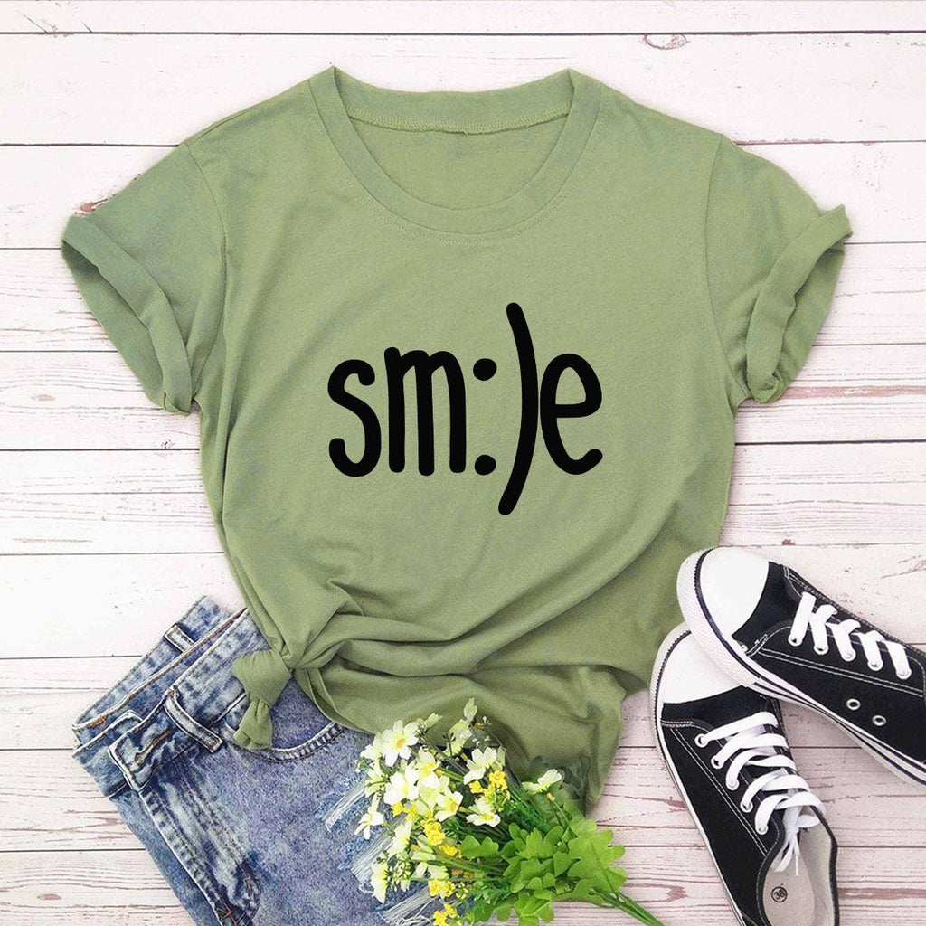 Plus Size TShirt Women New Smile Letter Printed Shirt O Neck Short Sleeve Tees Summer Top 100%cotton Women's T-shirts - Amazitshop