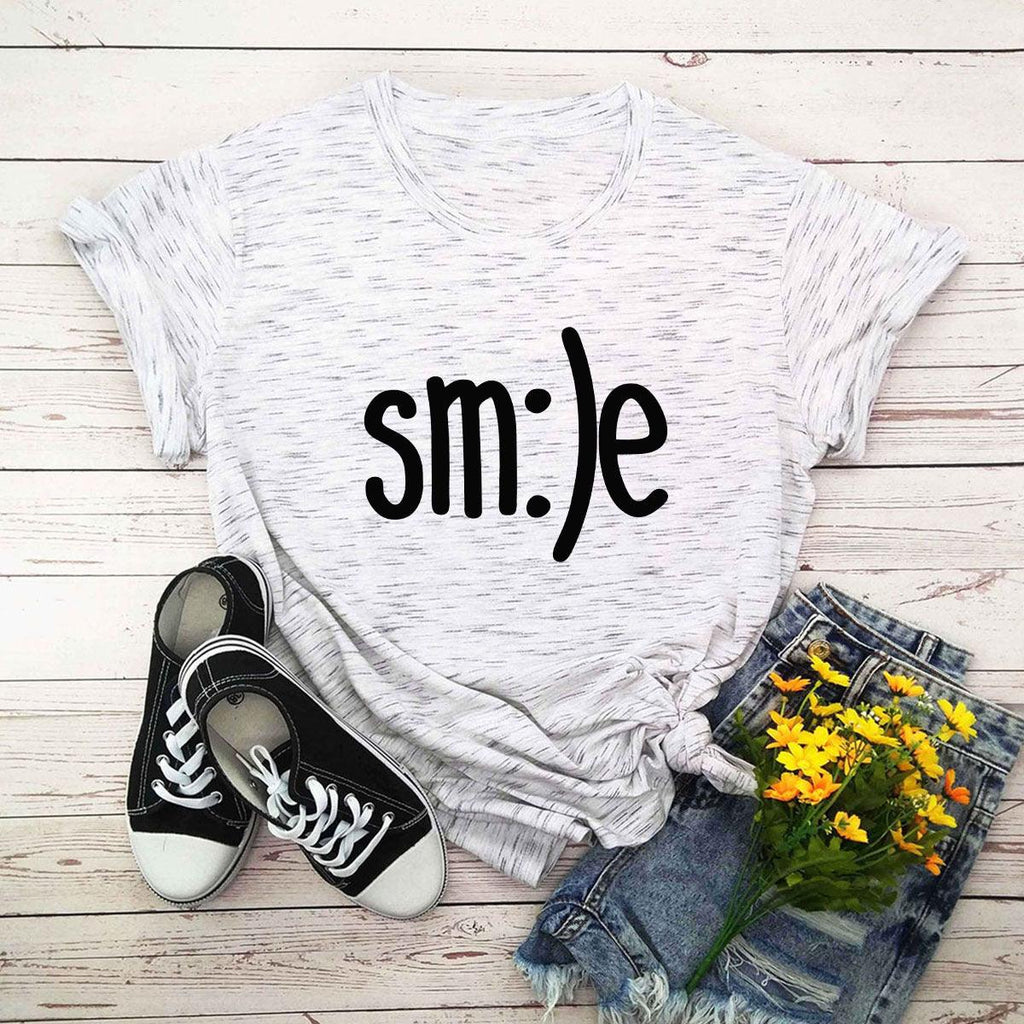 Plus Size TShirt Women New Smile Letter Printed Shirt O Neck Short Sleeve Tees Summer Top 100%cotton Women's T-shirts - Amazitshop