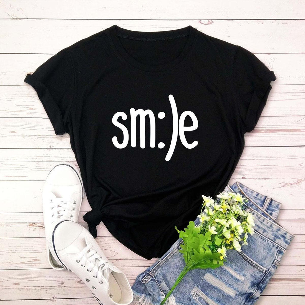 Plus Size TShirt Women New Smile Letter Printed Shirt O Neck Short Sleeve Tees Summer Top 100%cotton Women's T-shirts - Amazitshop