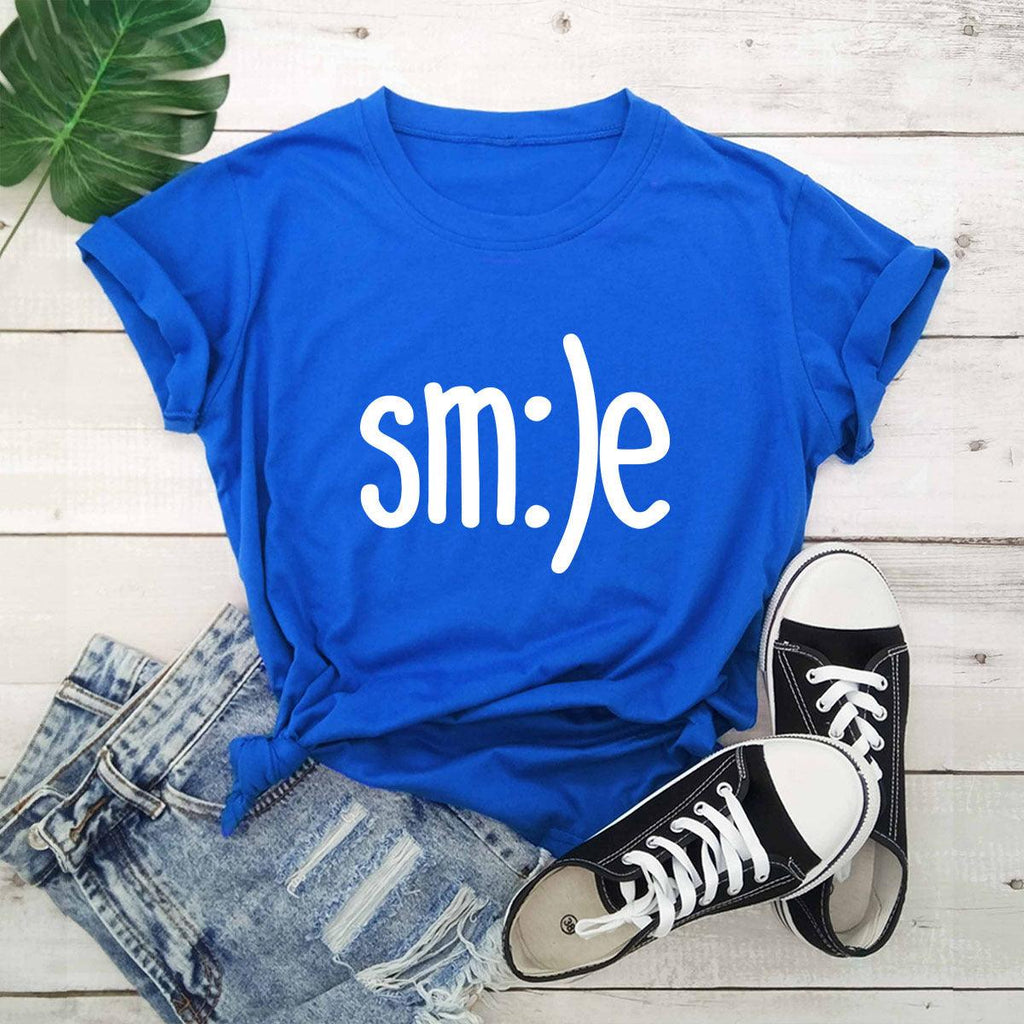 Plus Size TShirt Women New Smile Letter Printed Shirt O Neck Short Sleeve Tees Summer Top 100%cotton Women's T-shirts - Amazitshop
