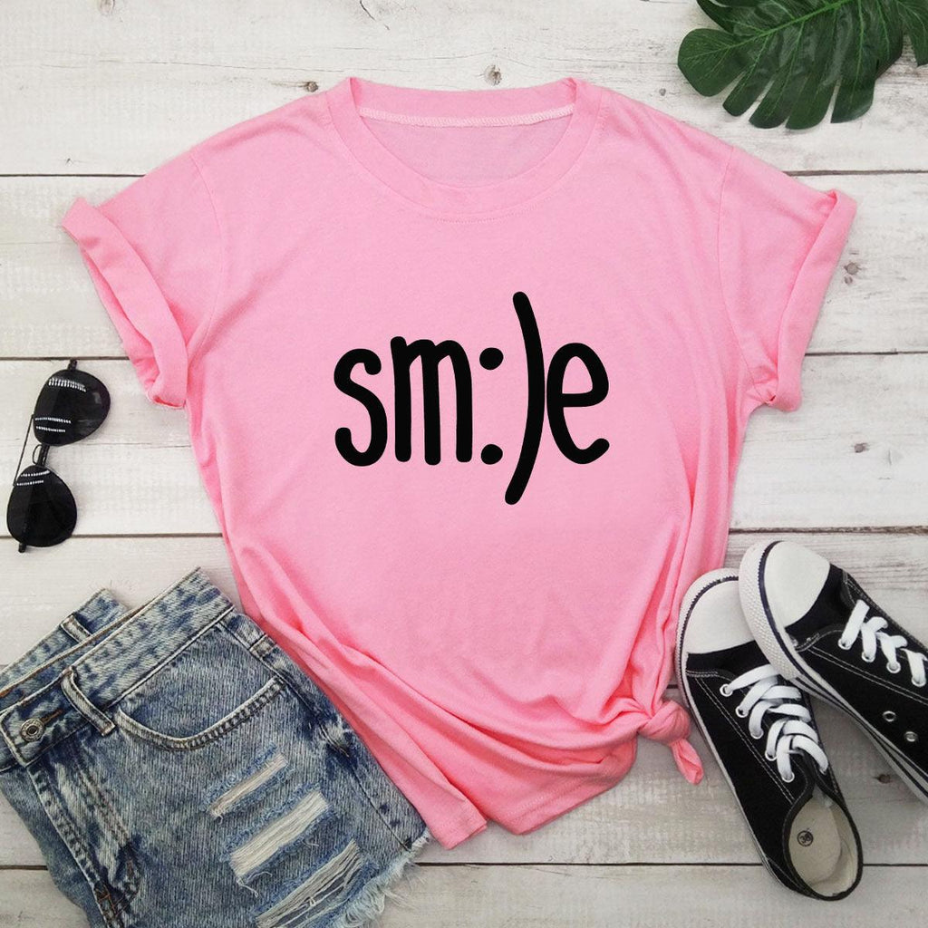 Plus Size TShirt Women New Smile Letter Printed Shirt O Neck Short Sleeve Tees Summer Top 100%cotton Women's T-shirts - Amazitshop