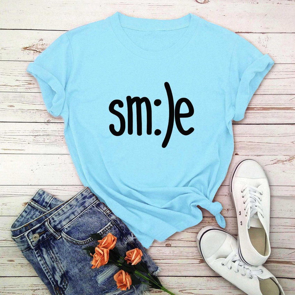 Plus Size TShirt Women New Smile Letter Printed Shirt O Neck Short Sleeve Tees Summer Top 100%cotton Women's T-shirts - Amazitshop