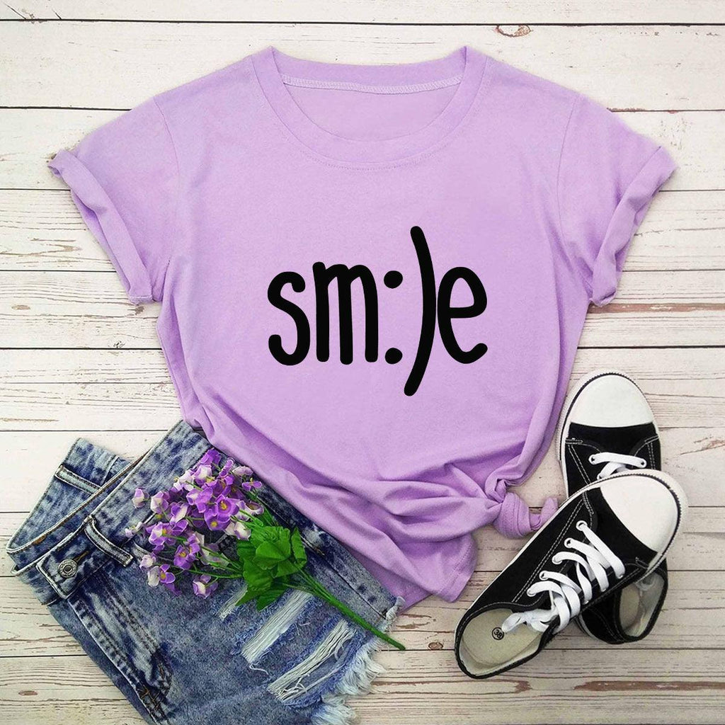 Plus Size TShirt Women New Smile Letter Printed Shirt O Neck Short Sleeve Tees Summer Top 100%cotton Women's T-shirts - Amazitshop
