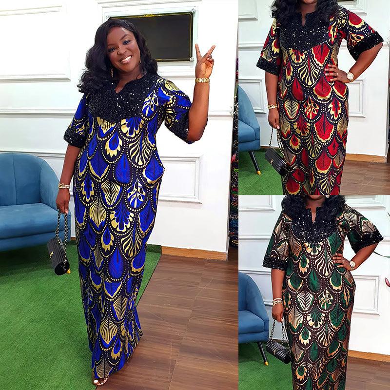 Plus Size Women's Satin Sequin Long Gown Dress - Amazitshop