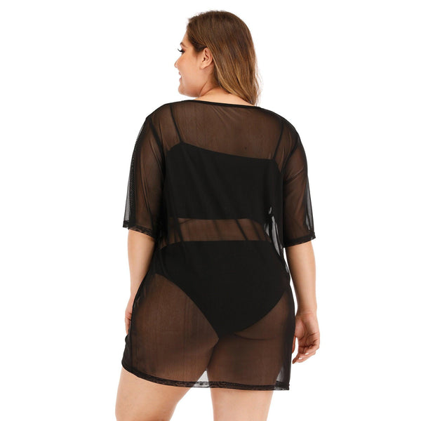 Plus Size Women's Sheer Mesh Beach Bikini Cover Up Dress - Amazitshop