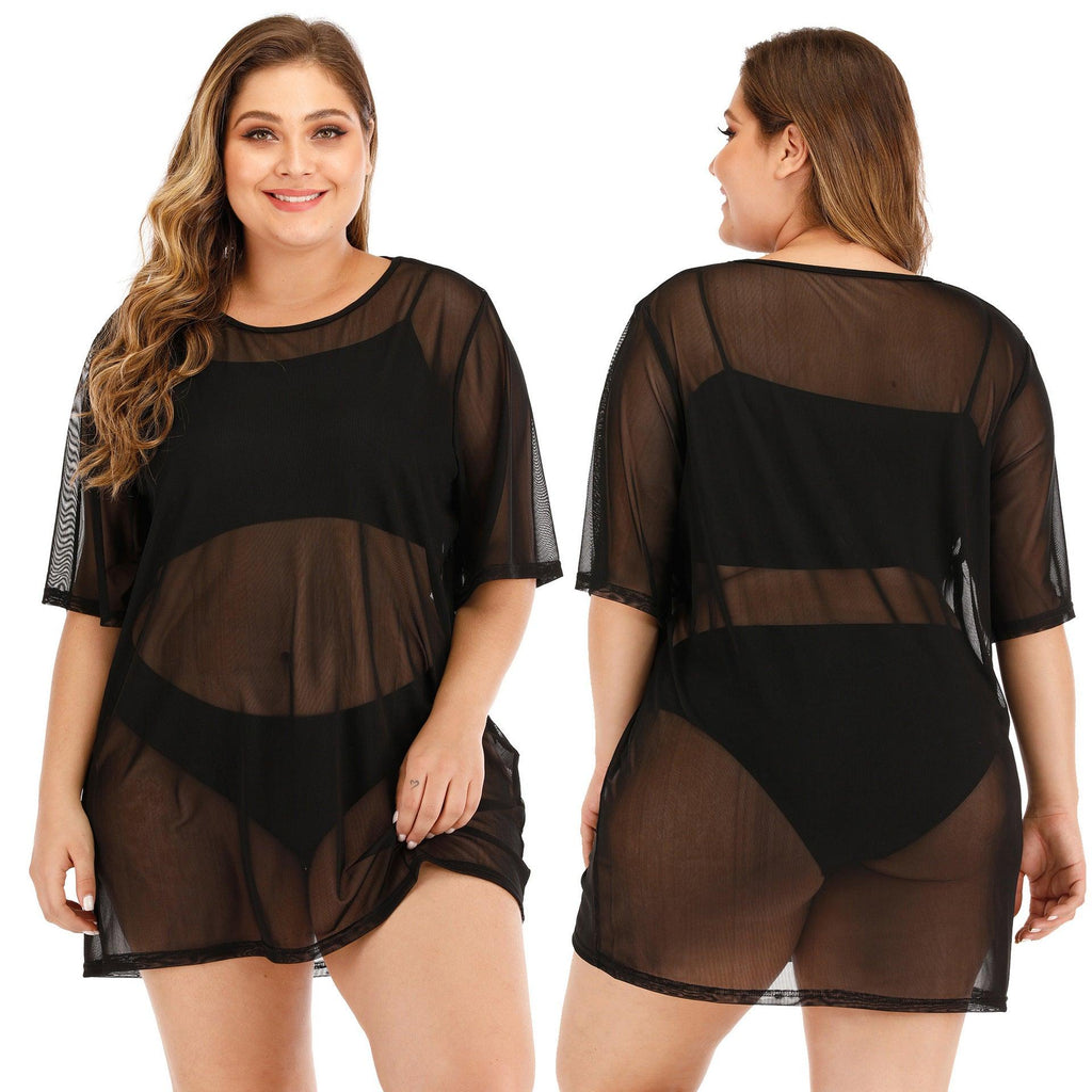 Plus Size Women's Sheer Mesh Beach Bikini Cover Up Dress - Amazitshop