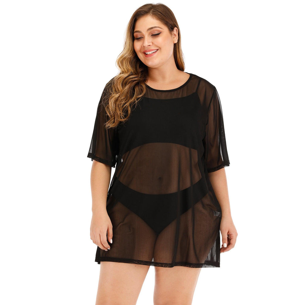 Plus Size Women's Sheer Mesh Beach Bikini Cover Up Dress - Amazitshop