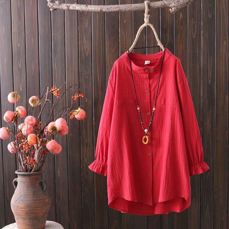Plus Size Women's Spring Dress New Ladies Loose Large Literary Retro Three - quarter Sleeve Shirt - Amazitshop