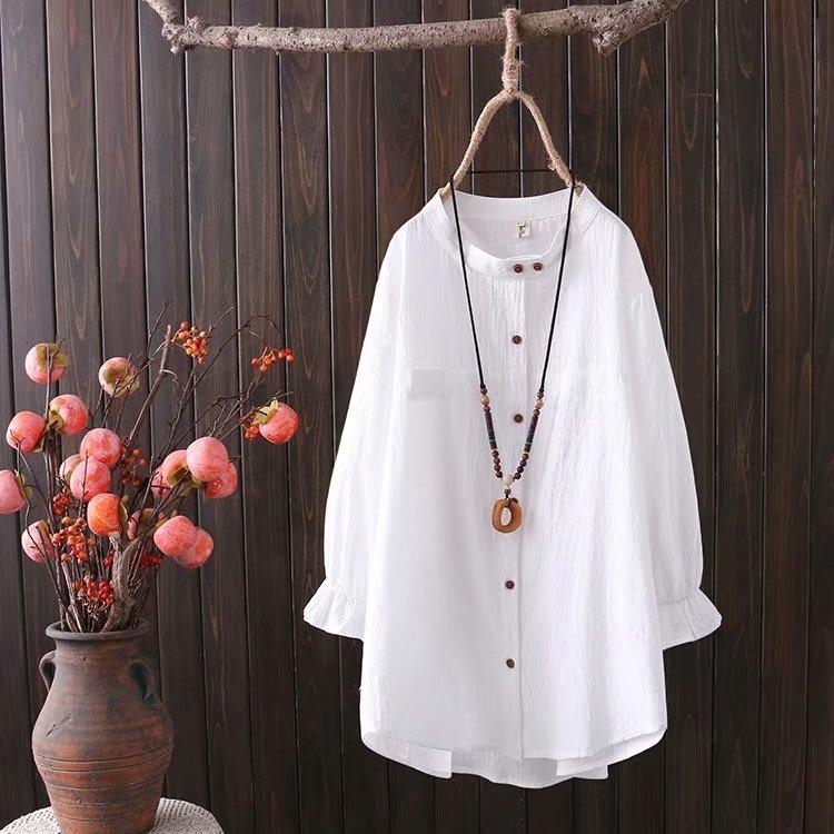 Plus Size Women's Spring Dress New Ladies Loose Large Literary Retro Three - quarter Sleeve Shirt - Amazitshop