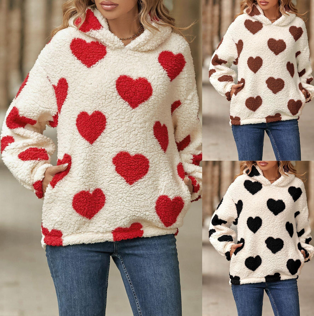 Plush Hooded Love Printed Pullover Sweatshirt Women - Amazitshop