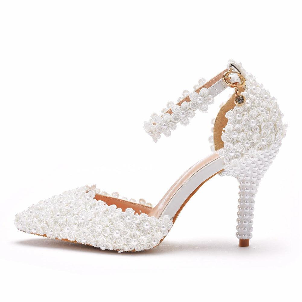 Pointed Toe High Heel Wedding Shoes Stiletto Heel Lace Sandals - Amazitshop