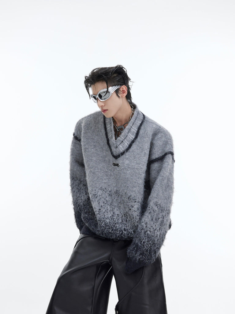 Polka Dot Gradient V - neck Sweater With Metal Embellishments - Amazitshop