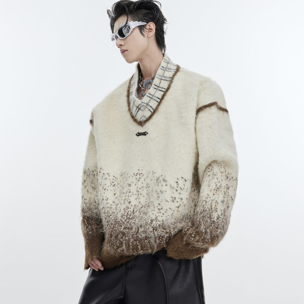 Polka Dot Gradient V - neck Sweater With Metal Embellishments - Amazitshop