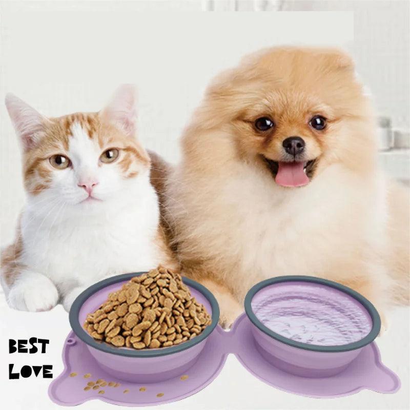 Portable Silicone Double Dog Food Bowls Foldable Non - Slip Cat Bowl Pet Travel Anti - Choking Feeding Bowl Outdoor - Amazitshop