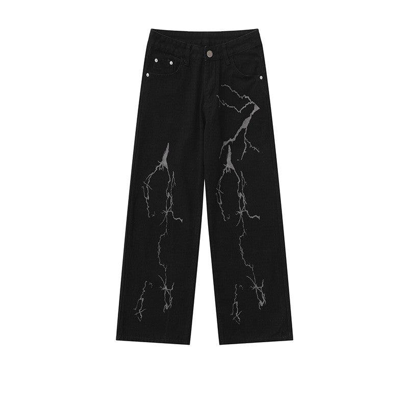Printed Black Denim Wide - leg Straight Pants - Amazitshop
