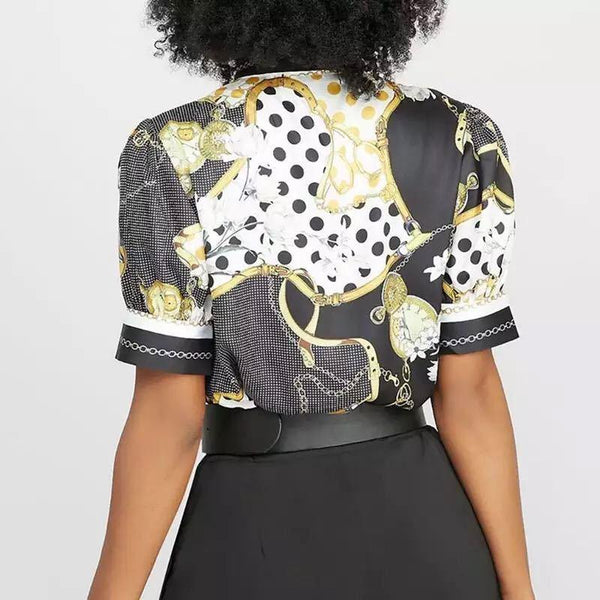 Printed chain shirt bow puff sleeve - Amazitshop
