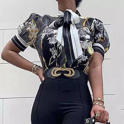 Printed chain shirt bow puff sleeve - Amazitshop