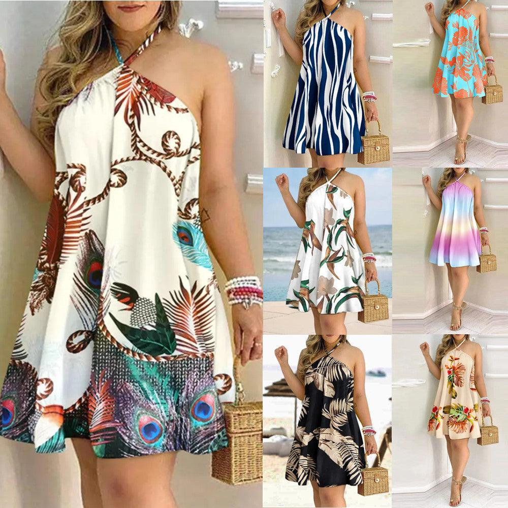 Printed Dress Summer Off - Shoulder Hanging Neck Sleeveless Sexy Dresses Women - Amazitshop