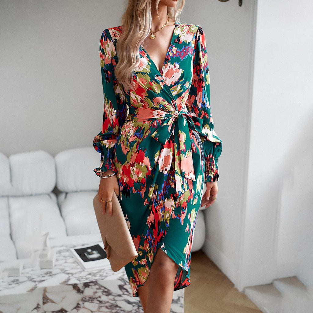 Printed Elegant V - neck Dress - Amazitshop