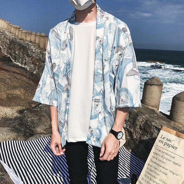 Printed Japanese Style Kimono Jacket cardigan men clothing cardigan male streetwear hiphop casual coat loose kimono - Amazitshop