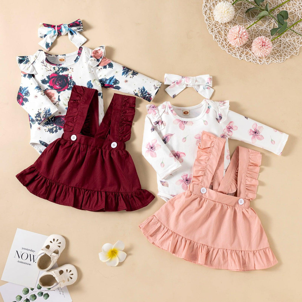 Printed Long - sleeved Baby Girl Romper Two - color Strap Ruffled Dress Headdress Three Pieces - Amazitshop