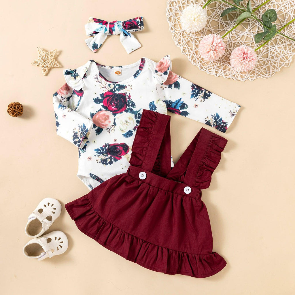 Printed Long - sleeved Baby Girl Romper Two - color Strap Ruffled Dress Headdress Three Pieces - Amazitshop