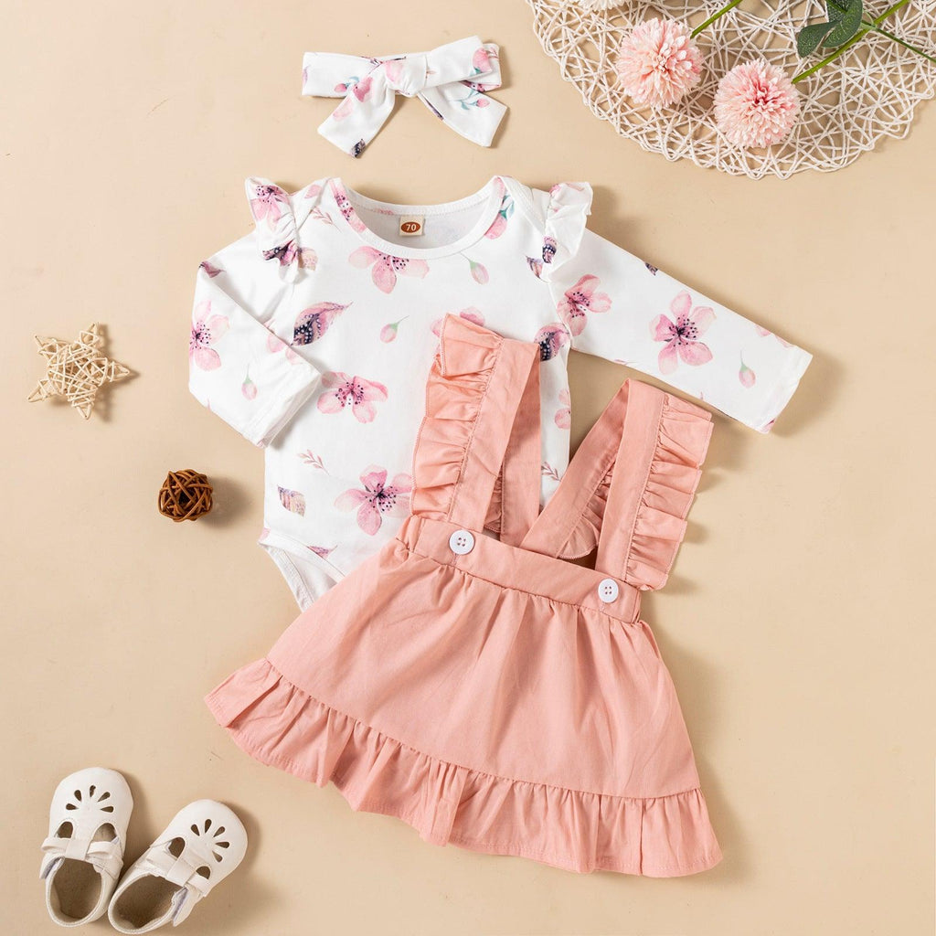 Printed Long - sleeved Baby Girl Romper Two - color Strap Ruffled Dress Headdress Three Pieces - Amazitshop