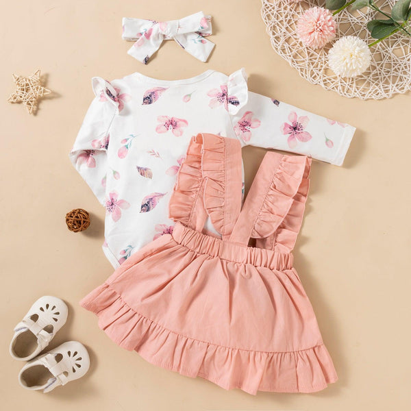 Printed Long - sleeved Baby Girl Romper Two - color Strap Ruffled Dress Headdress Three Pieces - Amazitshop