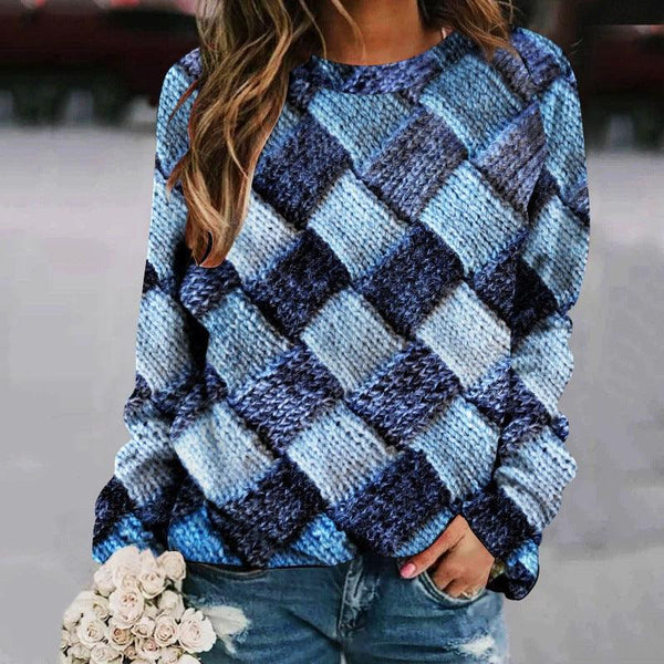 Printed Patchwork Round Neck Raglan Long Sleeve Women's Sweater - Amazitshop