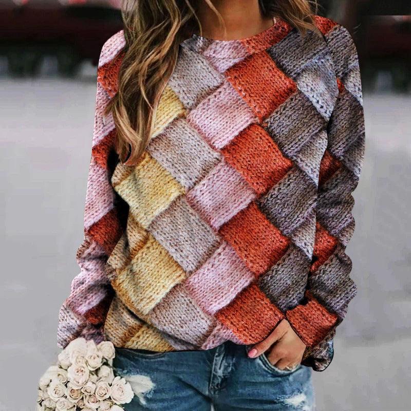 Printed Patchwork Round Neck Raglan Long Sleeve Women's Sweater - Amazitshop