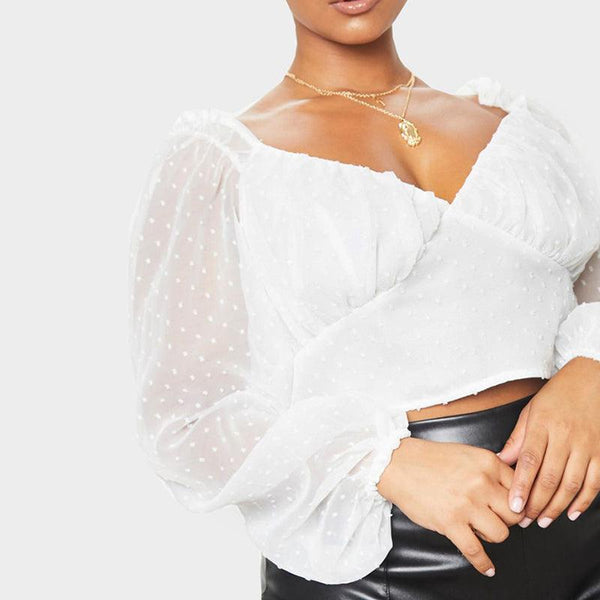 Puff sleeve mesh stitching long - sleeved shirt - Amazitshop