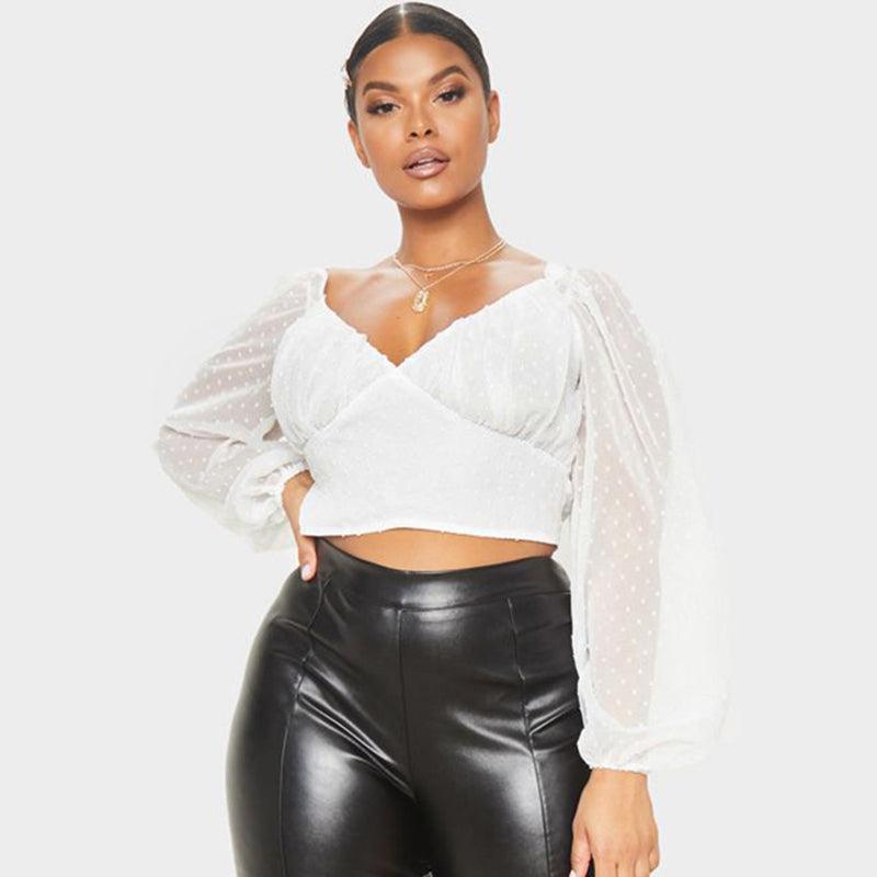 Puff sleeve mesh stitching long - sleeved shirt - Amazitshop