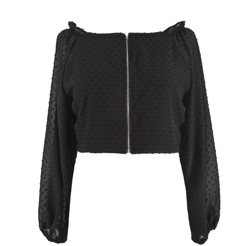 Puff sleeve mesh stitching long - sleeved shirt - Amazitshop